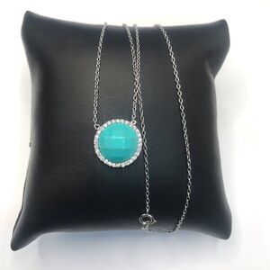 Turquoise and CZ Halo Pendant Necklace 925 Sterling silver Size 16”